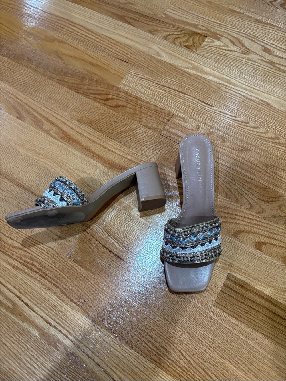Madden Girl Taupe Beaded Block Heel Slide Sandals